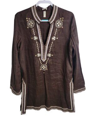 Vintage Old Navy Tunic Top Womens XL Brown Linen Long Sleeve Embroidered Casual